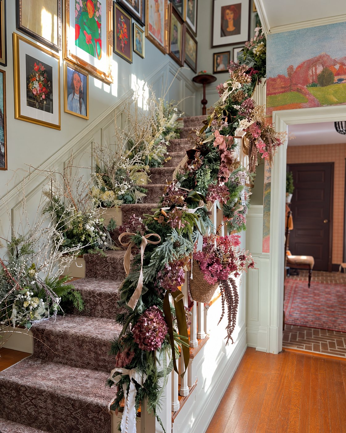 Staircase garlanded with flowers beside a wall of framed paintings