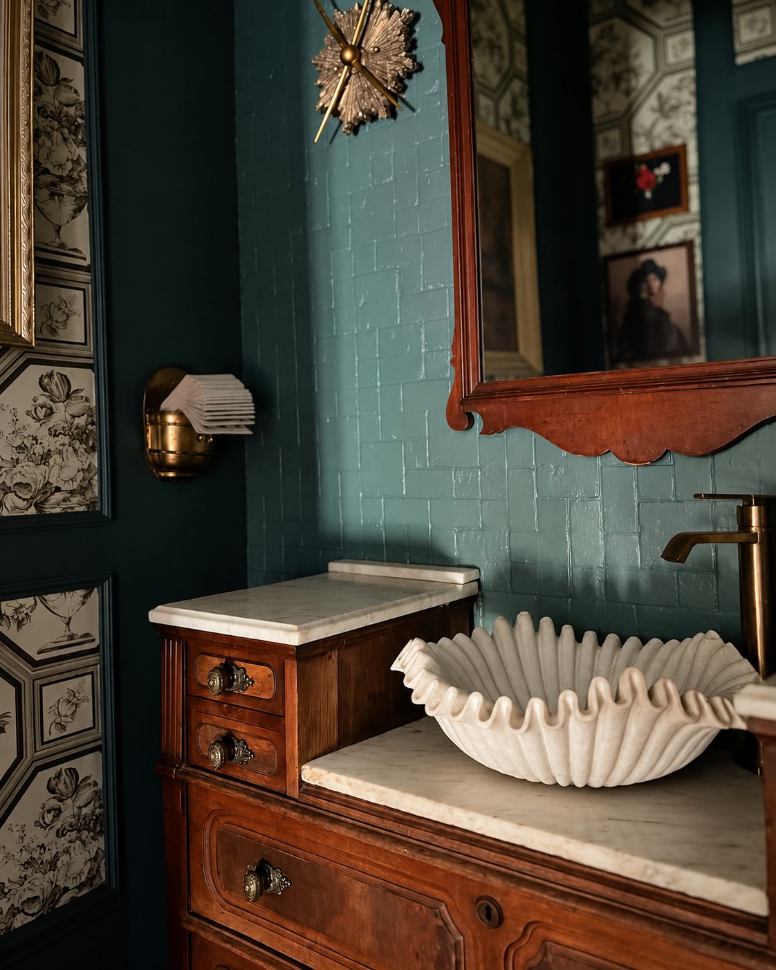 Dark teal bathroom with an antique dresser vanity, marble top and shell basin