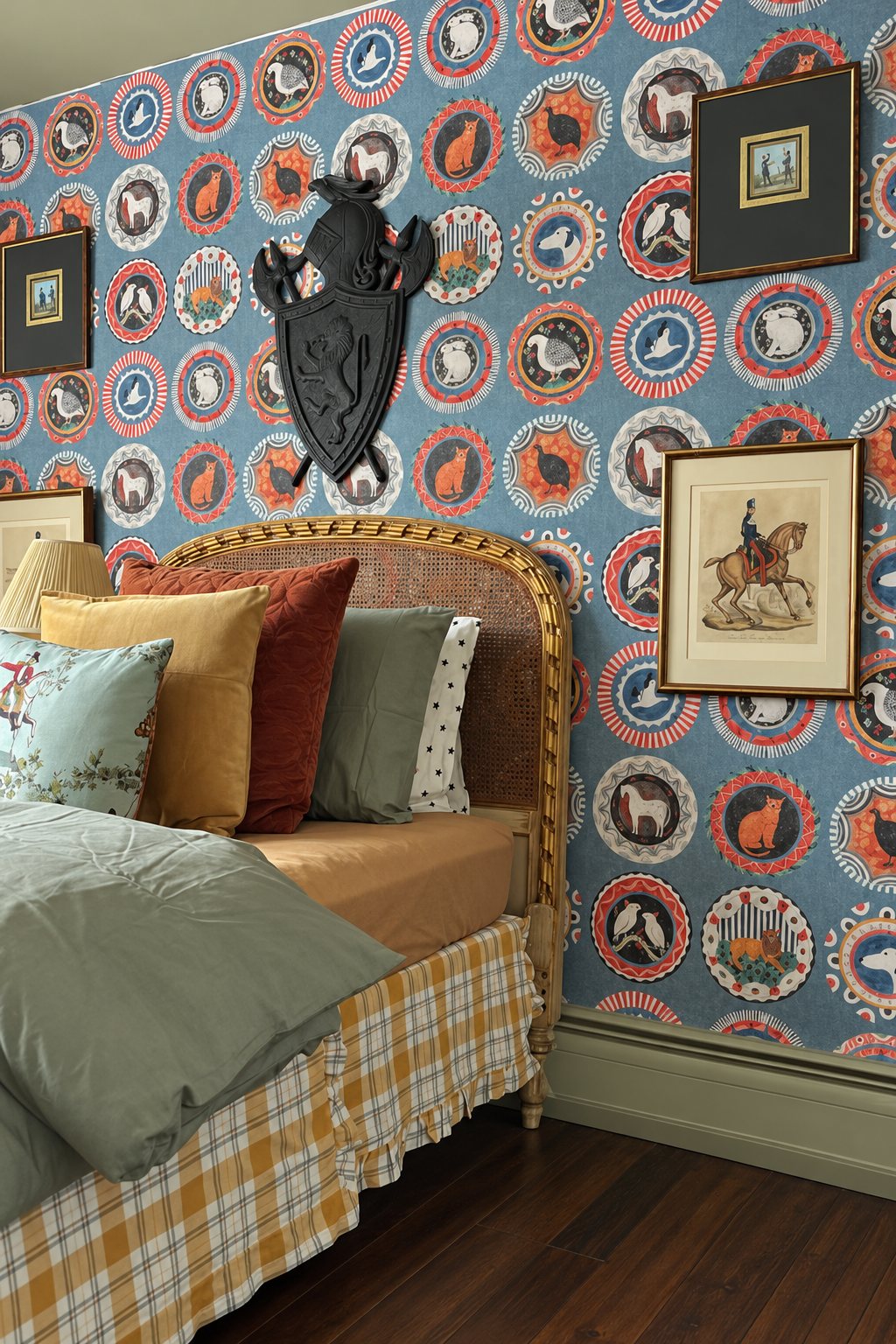Bedroom with blue equestrian medallion wallpaper, cane headboard and framed horse prints