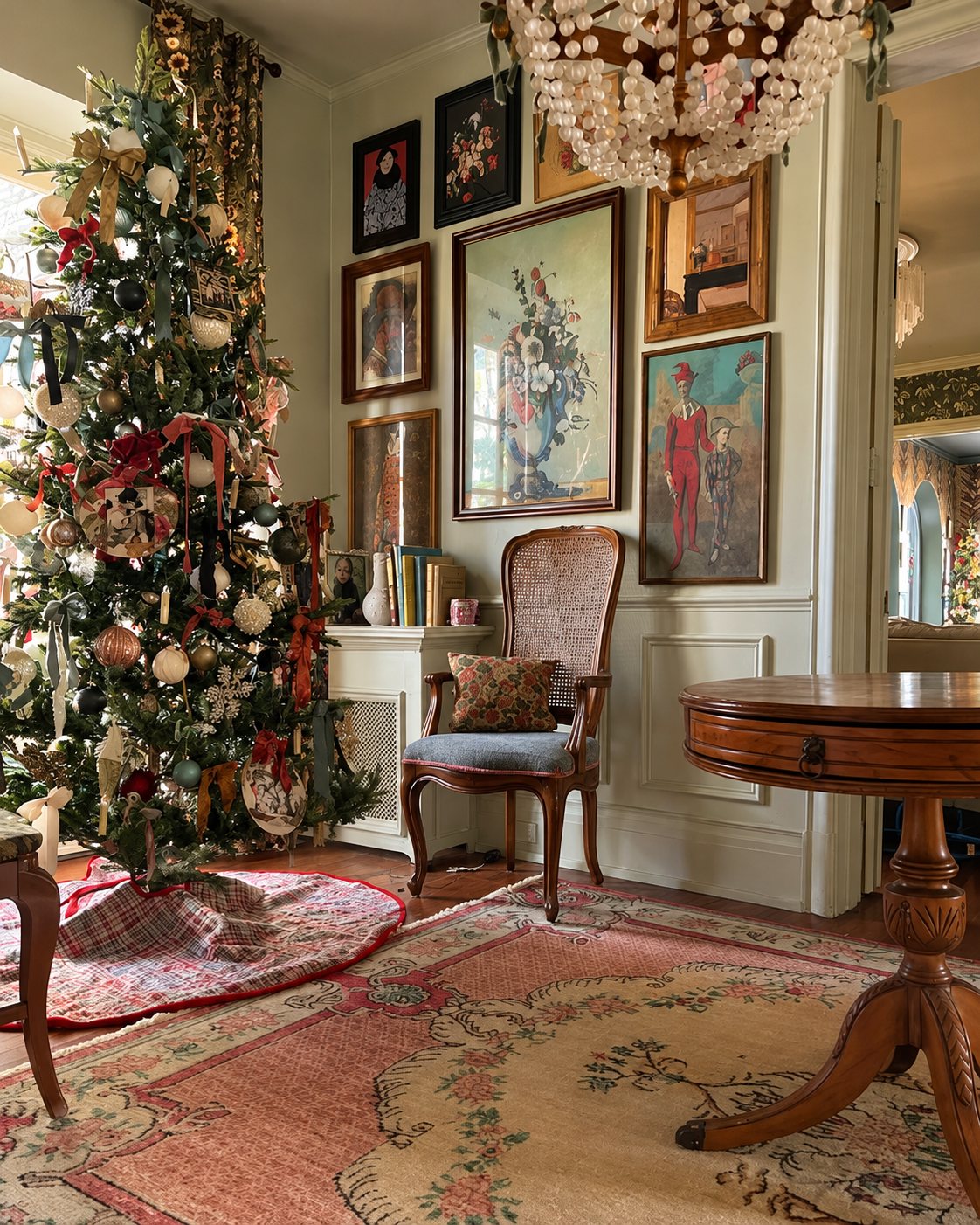 Parlor decorated for Christmas with a tree, gallery wall and antique furniture