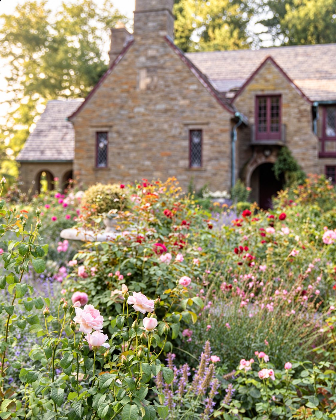 Stone cottage behind an abundant, sunlit rose and flower garden